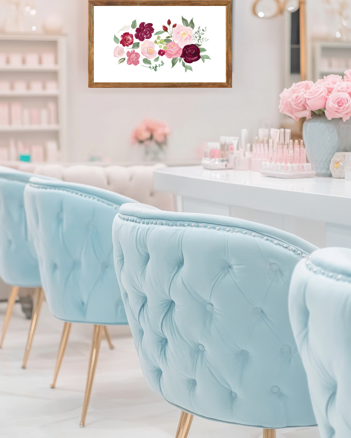 The floral wall art print featuring elegant roses in blush and deep berry tones, framed in a gold frame to create a welcoming first impression to a beauty salon 