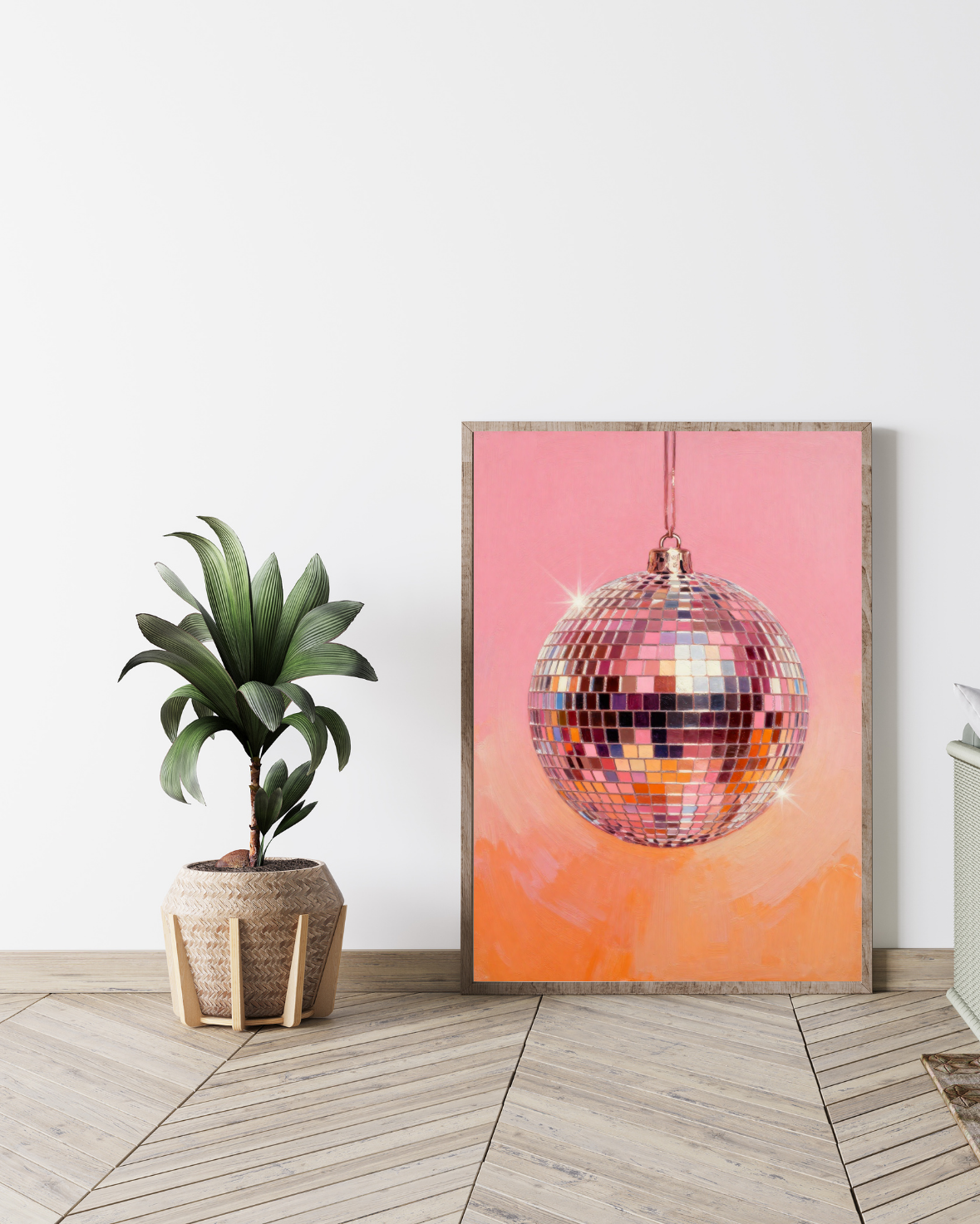 Retro disco ball print printable wall art with pink ombre background