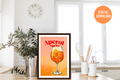 Retro aperol art print printable kitchen wall art with spritz cocktail illustration