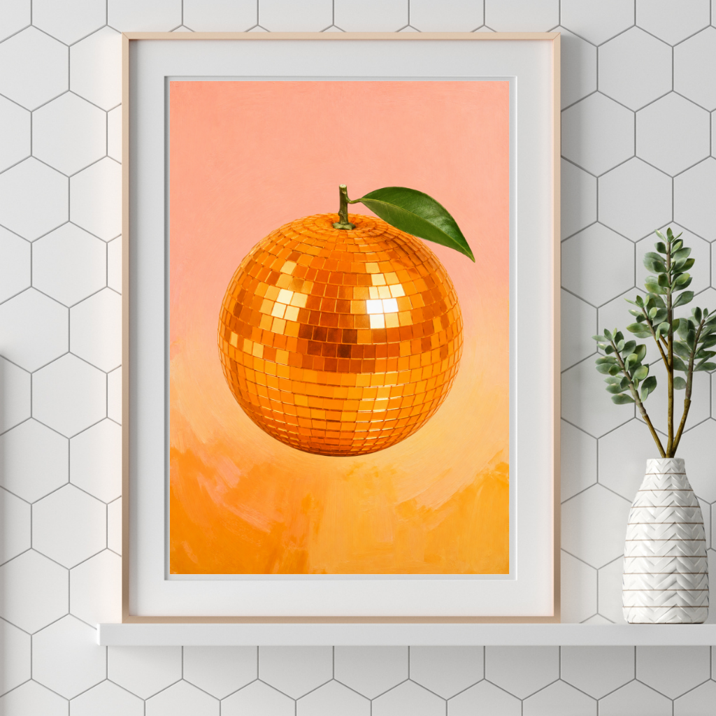 Retro orange disco printable wall art displayed in modern kitchen