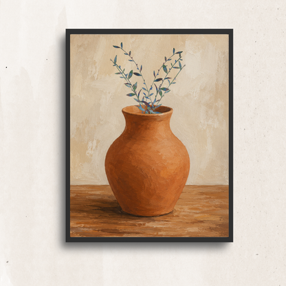 Printable vase painting with natural foliage displayed in an earthy interior