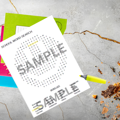 Fun school word search activity sheet on a kitchen counter with notebooks and children’s learning supplies.