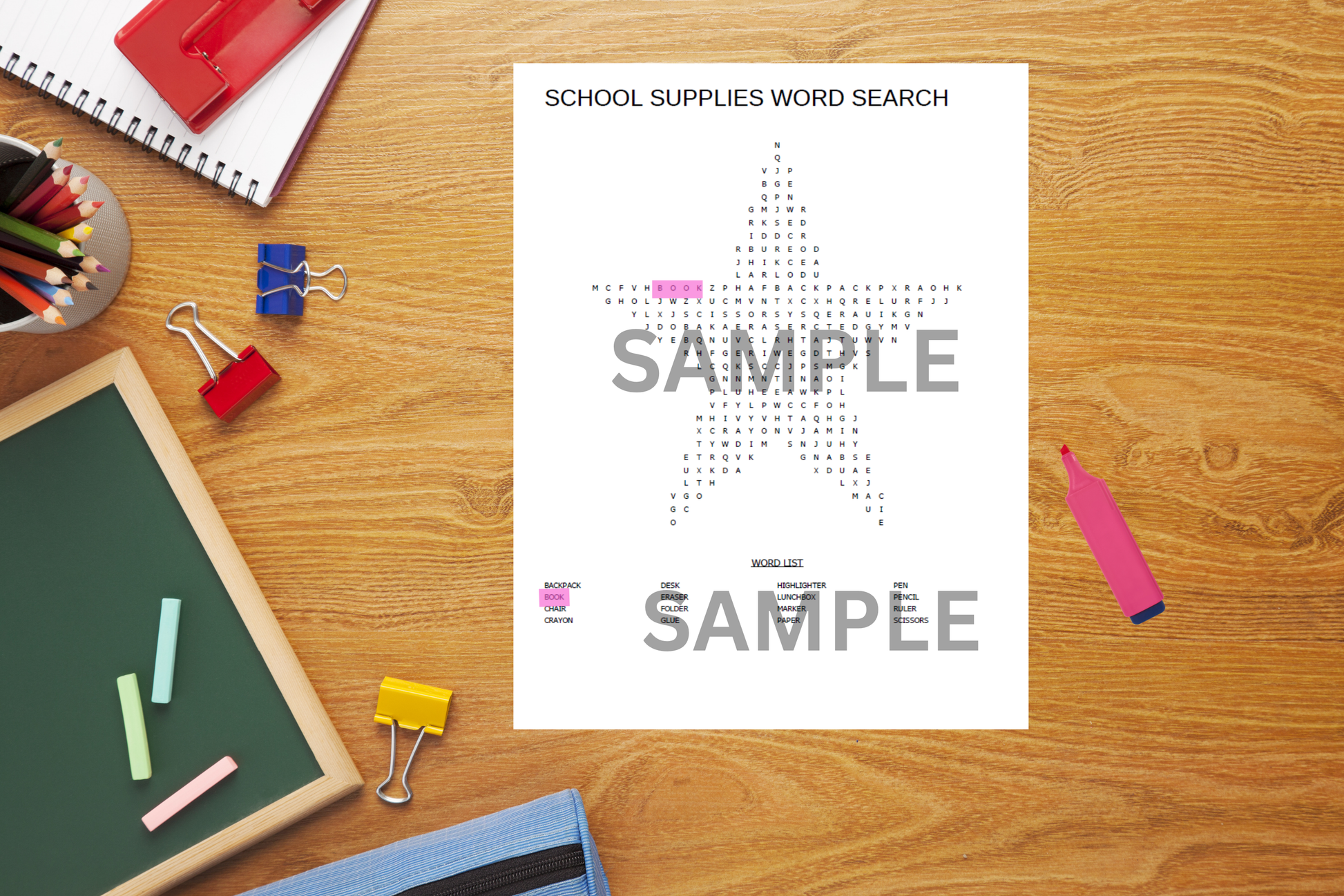 Fun school supplies activity sheet for kids on a study table with books and learning materials.