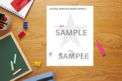 Fun school supplies activity sheet for kids on a study table with books and learning materials.