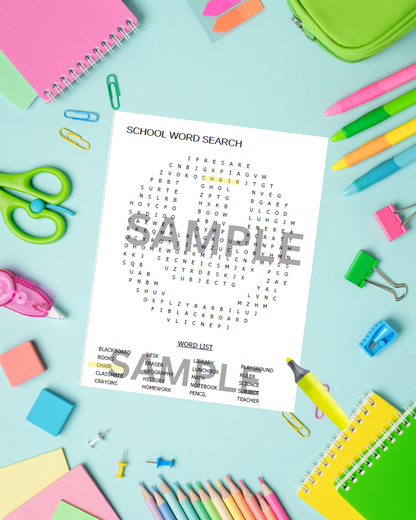 Fun school word search activity sheet on a study table with notebooks and children’s learning supplies.