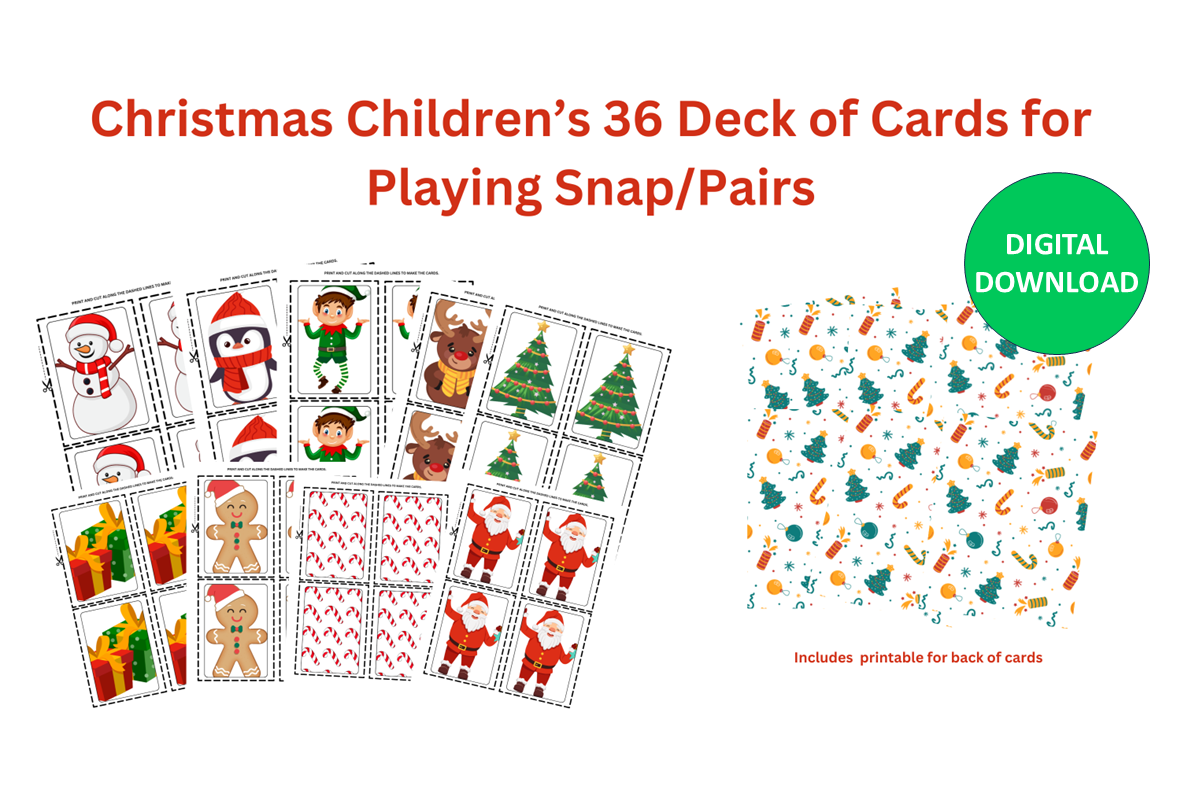 Christmas-themed children's pairs card deck game on a white background
