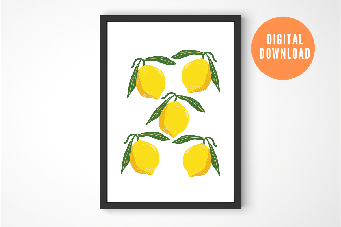 Framed digital download of a lemon illustration on a white background