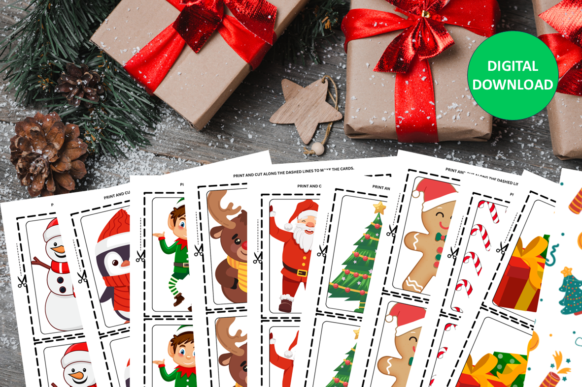 Christmas-themed Pairs card game with characters like Santa Claus, snowman, and gingerbread man, printed and cut out on a wooden table alongside wrapped gifts. Digital download 