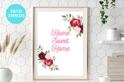 downloadable home sweet home wall art print styled on a kitchen shelf.