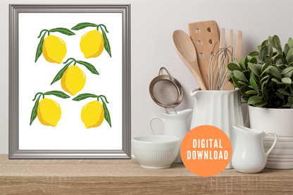 Framed artwork of lemons on a kitchen counter with utensils and decor.