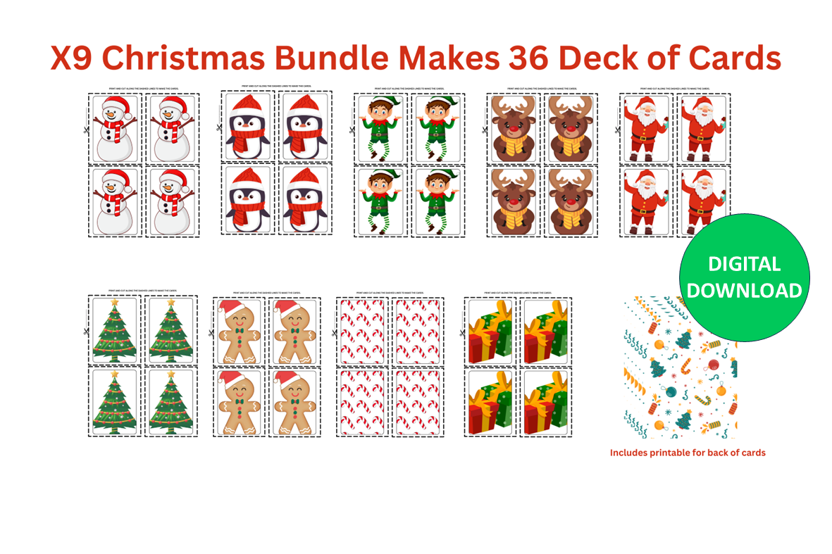 Christmas-themed digital playing card bundle with various characters and patterns on a white background. The prints can print out 36 decks of playing cards.