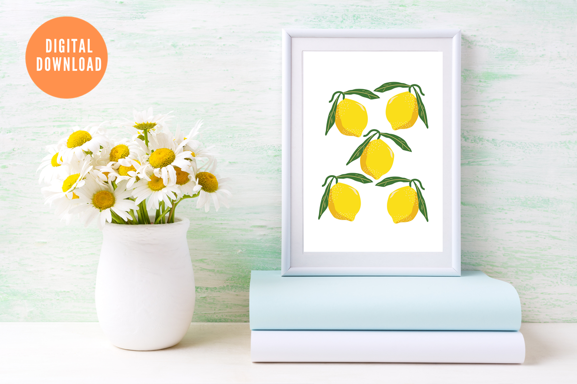 Framed artwork of lemons and flowers on a light green background with 'Digital Download' text.