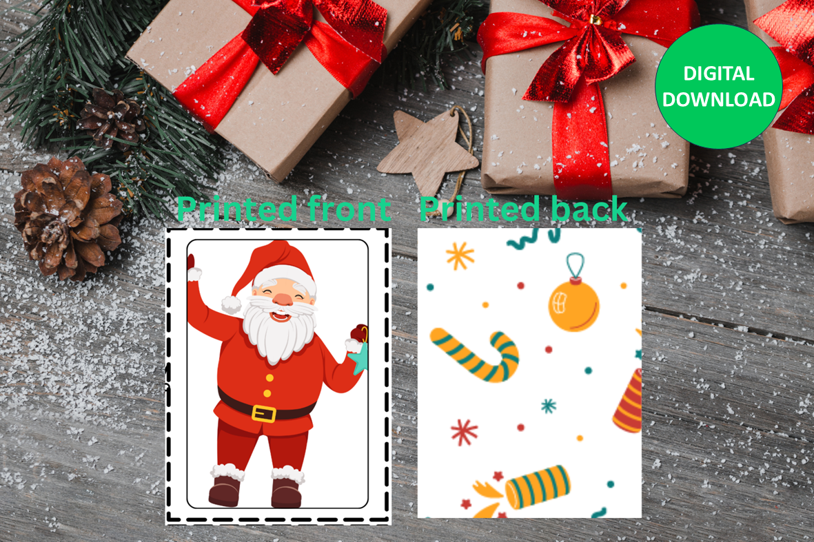 Christmas Pairs printable game featuring two Christmas-themed cards with Santa Claus and festive designs on a wooden surface with Christmas presents.