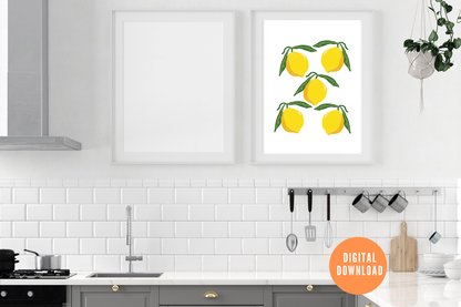 Framed artwork of lemons on a kitchen wall with digital download badge.