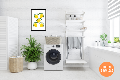 Modern laundry room with washing machine, shelves, and decor elements.