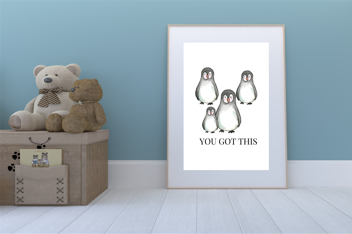 Cute penguin kids printable poster styled in modern playroom