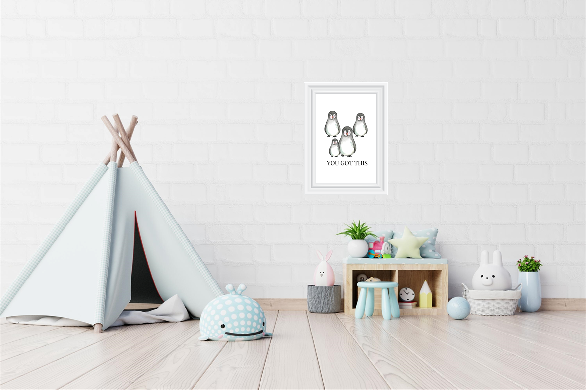 Colourful children’s penguin wall art framed in kids’ creche