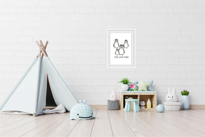 Colourful children’s penguin wall art framed in kids’ creche