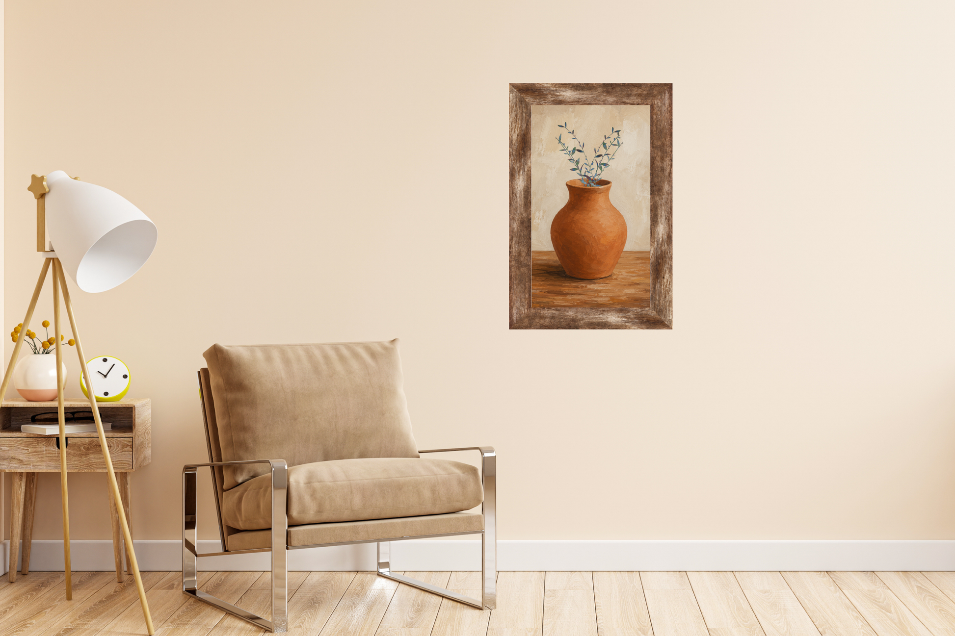 Terracotta vase painting art print displayed as living room wall art