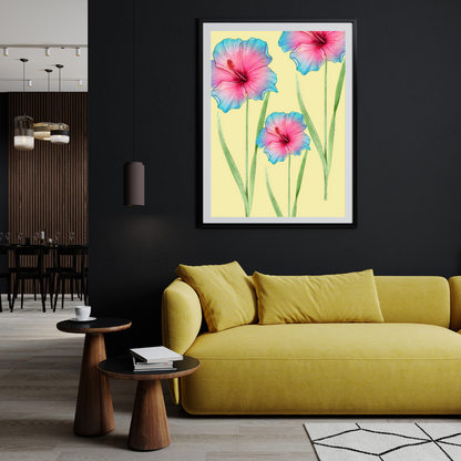 Pink and Blue Flower Wall Art Print on Modern Living Room Wall.