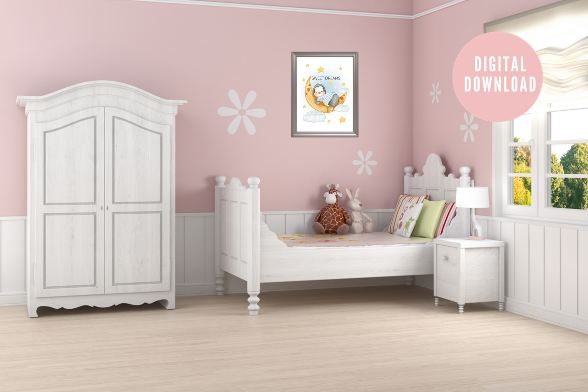 Moon and stars nursery art digital download in calming children’s bedroom