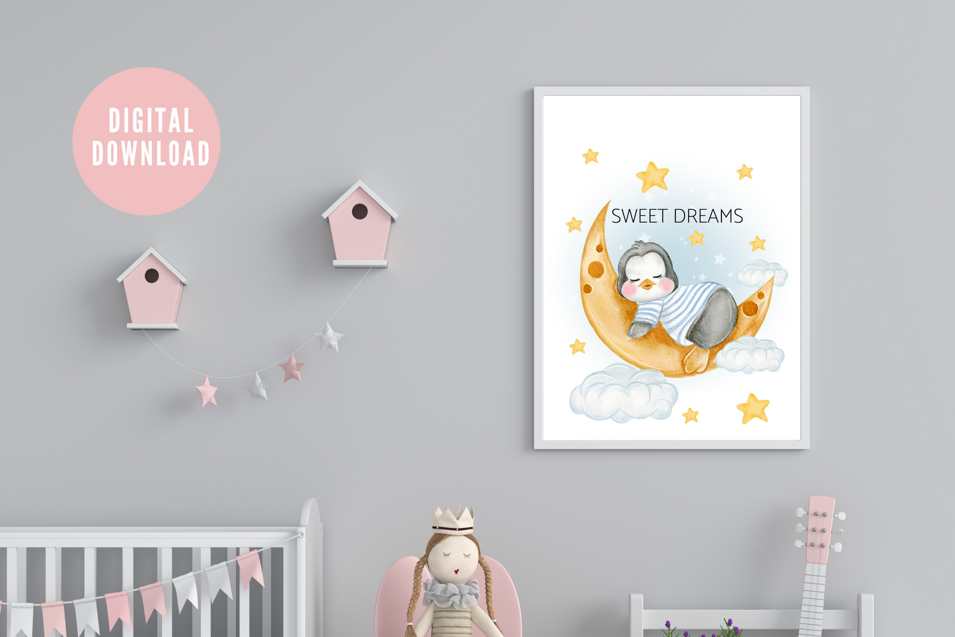Cute penguin kids printable poster with stars and clouds in baby’s room