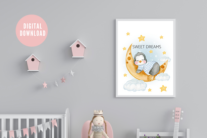 Cute penguin kids printable poster with stars and clouds in baby’s room