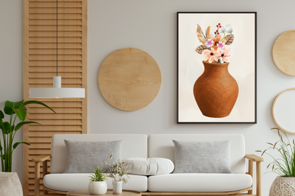 Floral printable wall art with terracotta vase displayed in a warm living room interior