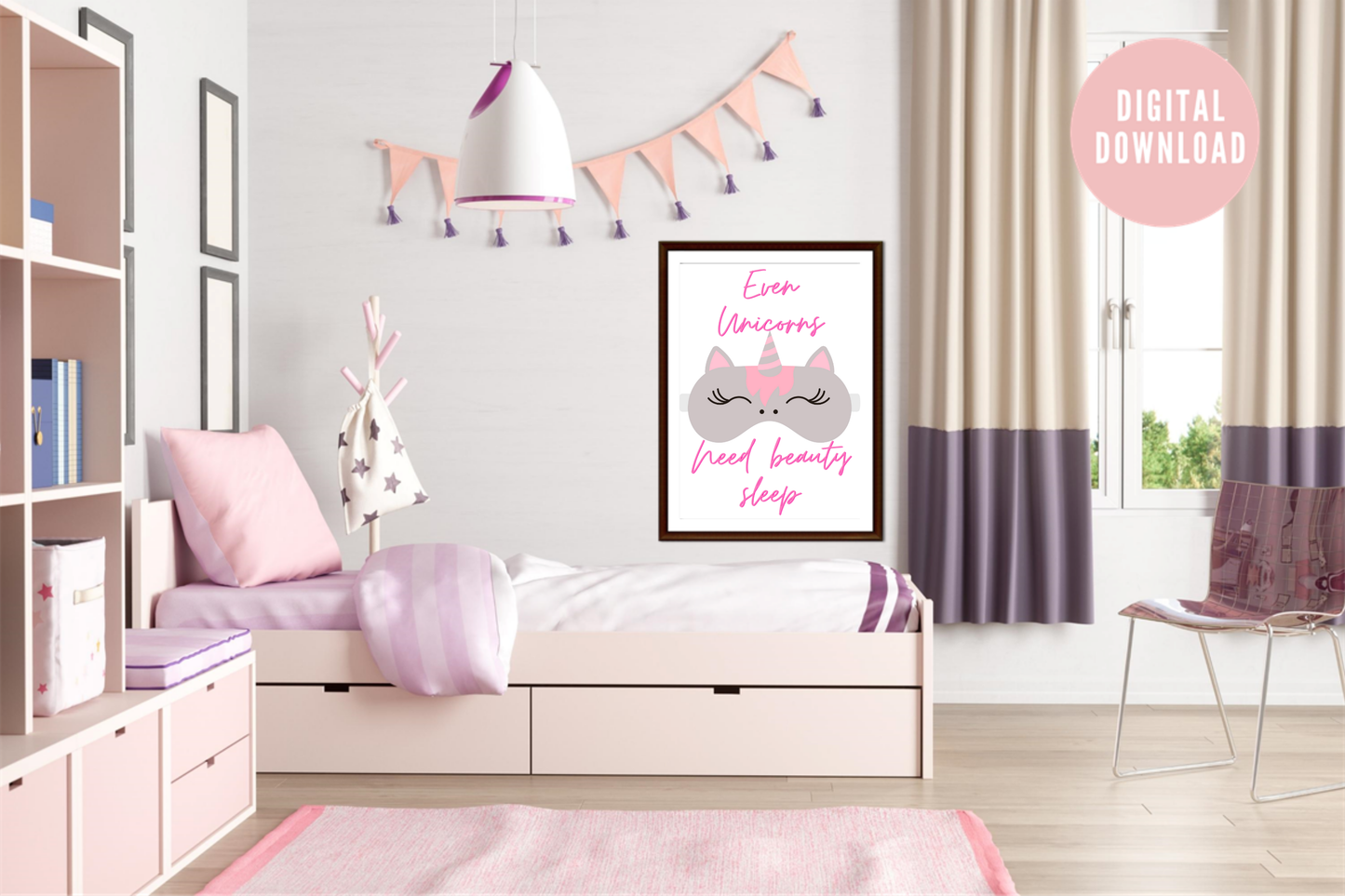 Whimsical unicorn wall art framed above kids bed