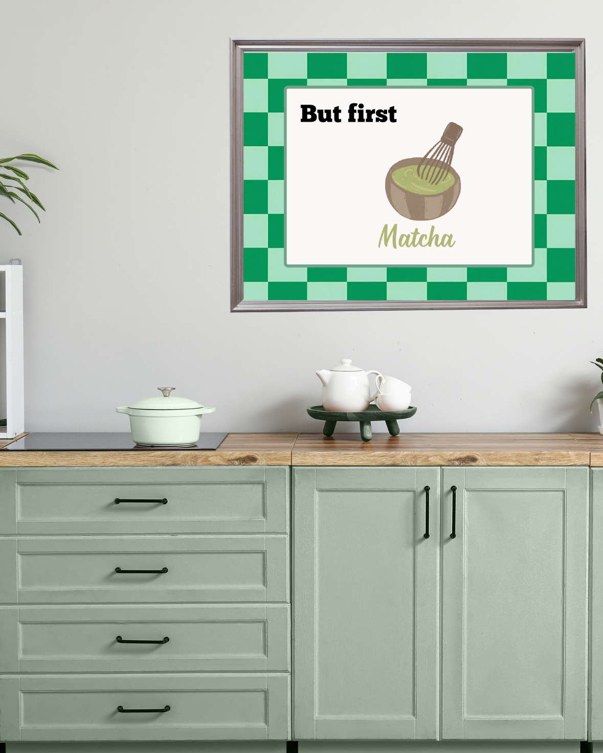 Cosy printable kitchen design with matcha bowl illustration