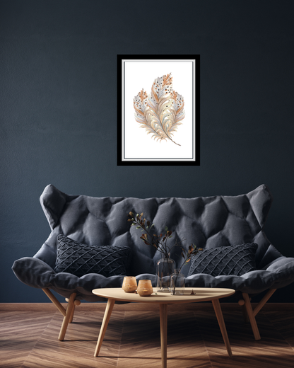 Living room wall art mock-up showing boho watercolour feathers printable framed above a black sofa with natural wooden furniture and minimalist decor