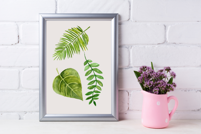 Printable botanical home décor with green foliage and watercolour texture