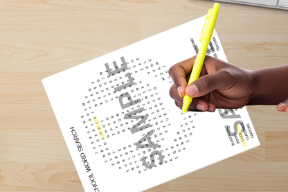 School-themed printable word search puzzle for kids on a classroom desk

