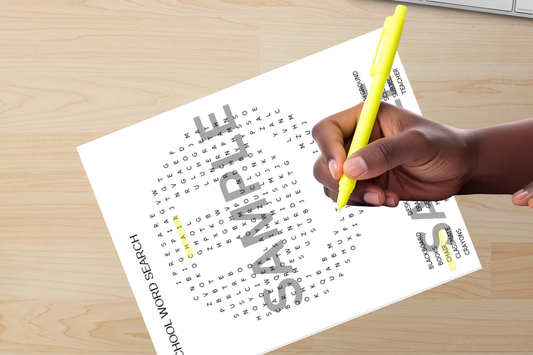School-themed printable word search puzzle for kids on a classroom desk

