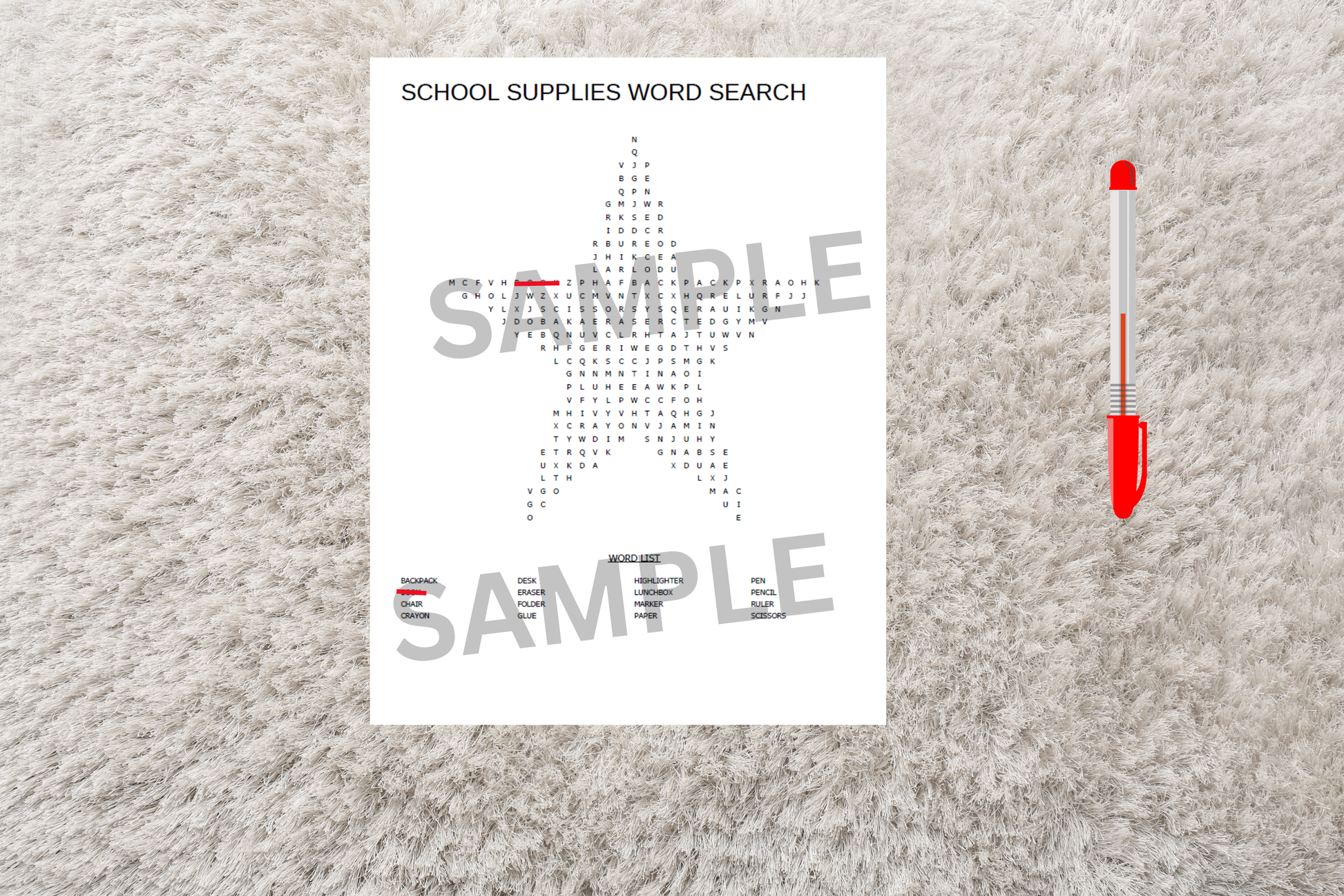 High definition word search printable on a home carpet with a red pen.
