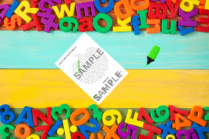 Apple-shaped Fruit and Vegetables Word Search for kids on a colourful children's school table