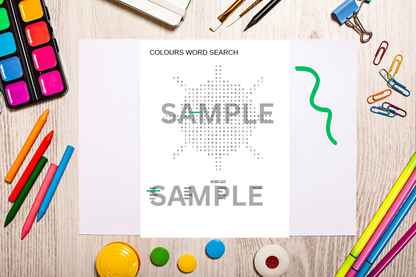 Printable Colours Word Search Puzzle for Kids – Sun Design Activity Sheet for Fun Home and School Learning – Digital Download