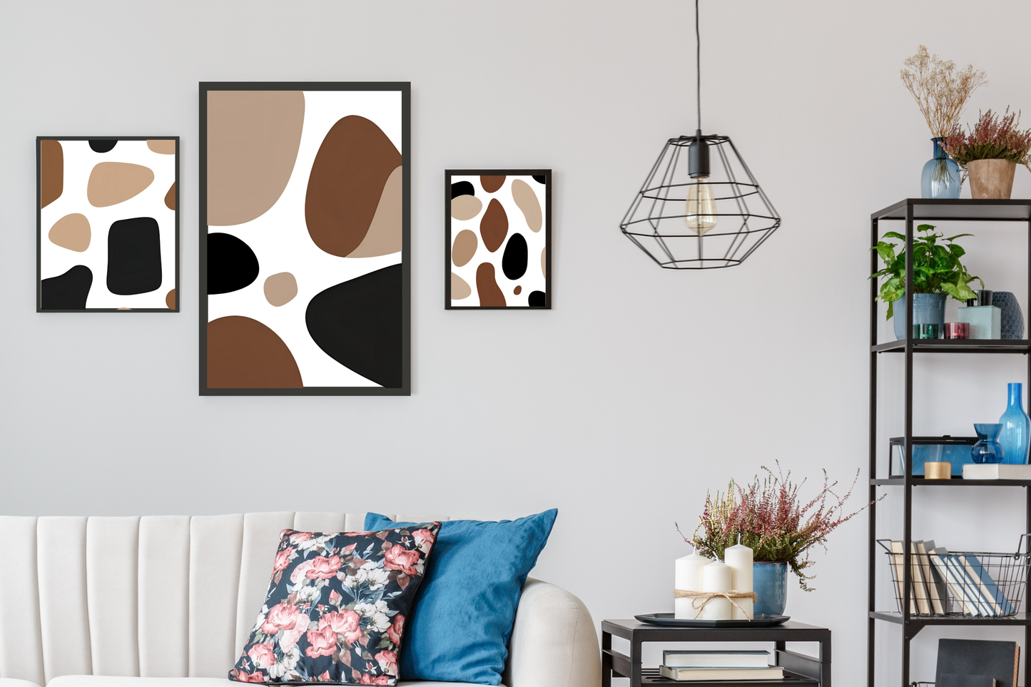 modern living room with set of three abstract art prints