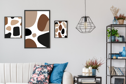 modern living room with set of three abstract art prints