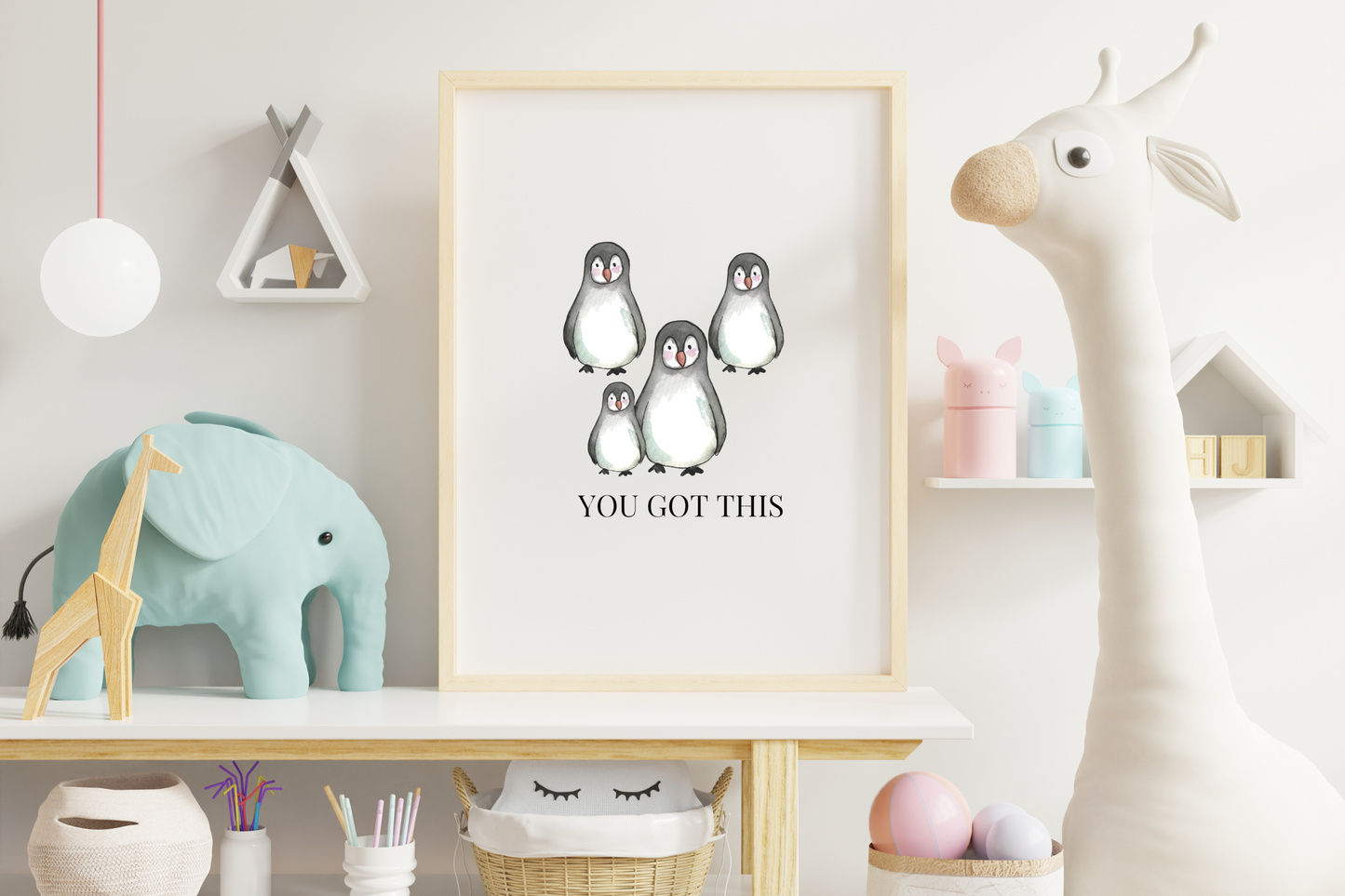 Whimsical penguin nursery digital print with ‘You Got This’ quote in kids’ nursery.