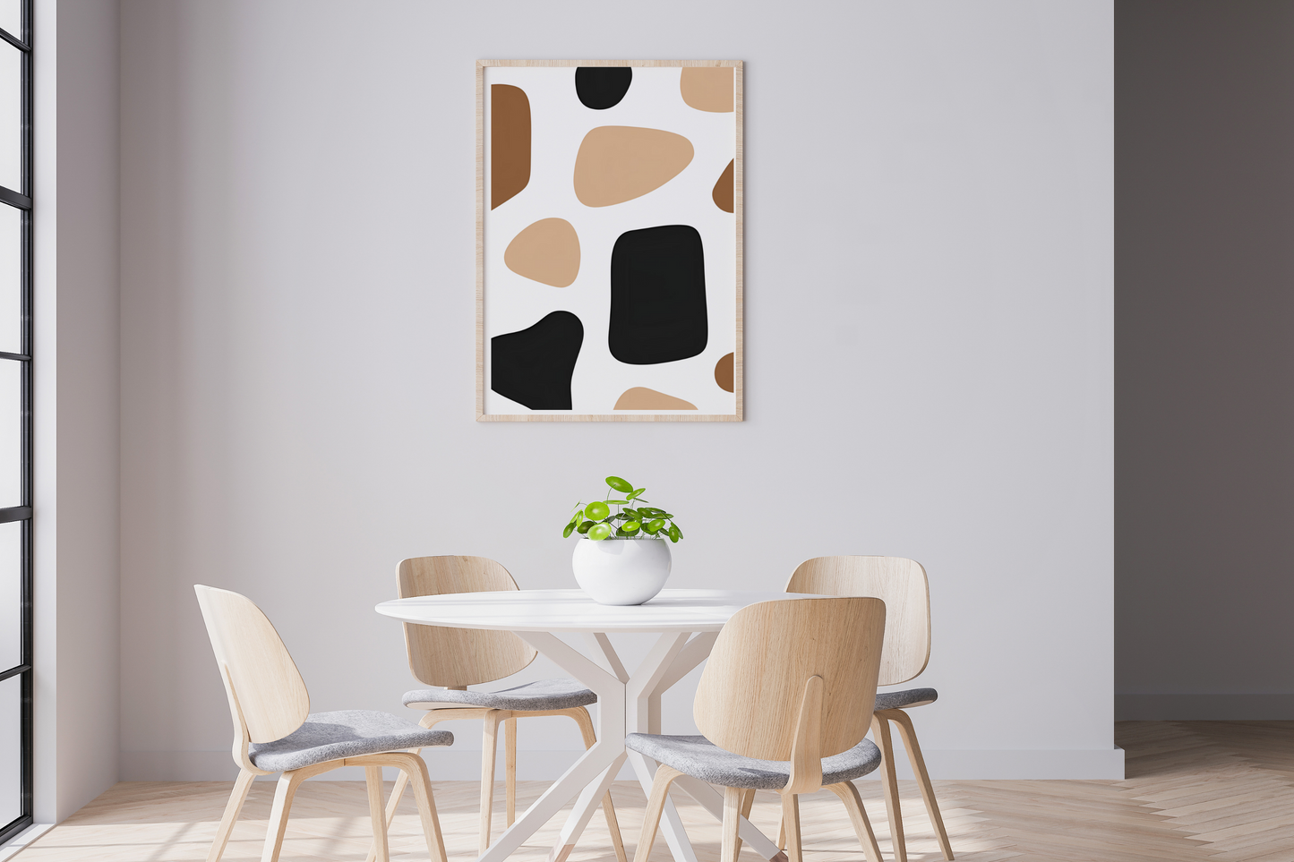 minimalist dining room décor featuring geometric artwork