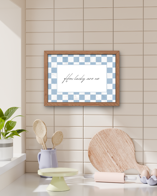 Blue gingham How Lucky Are We printable styled in a farmhouse kitchen

