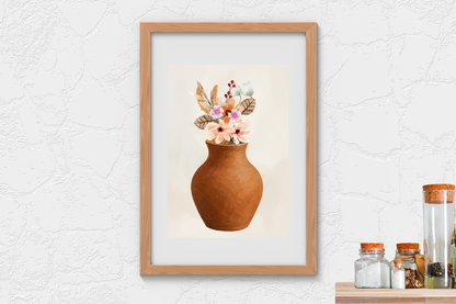 Botanical art print with pink and peach flowers styled as kitchen wall art