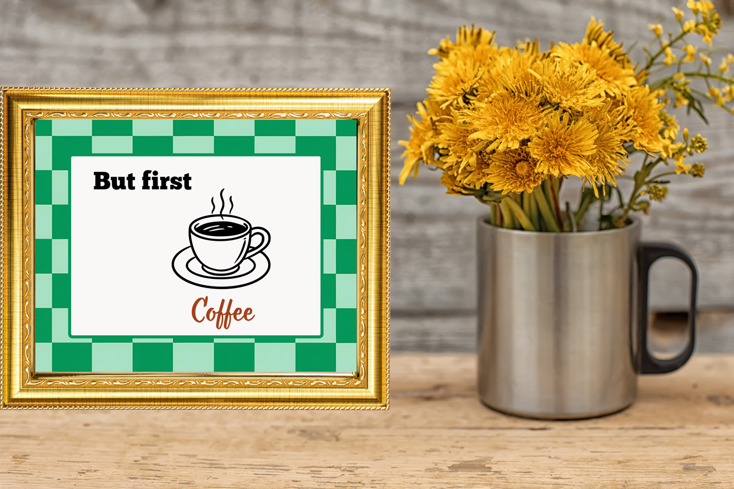 Retro framed picture with coffee-themed text and illustration next to a mug with yellow flowers.