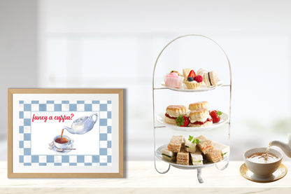 Printable tea themed wall art styled above kitchen counter
