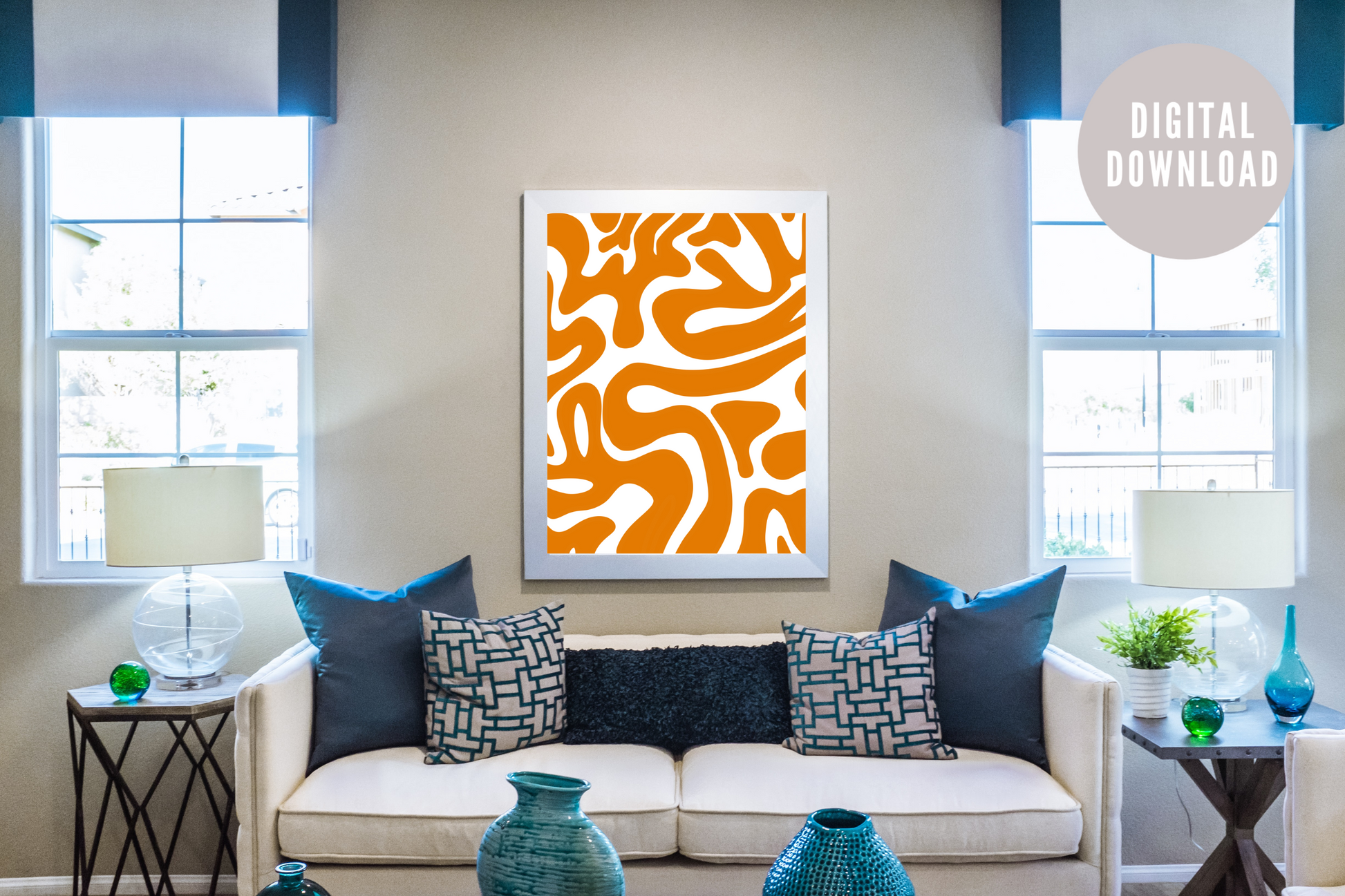 Abstract geometric art in orange tones home décor setup